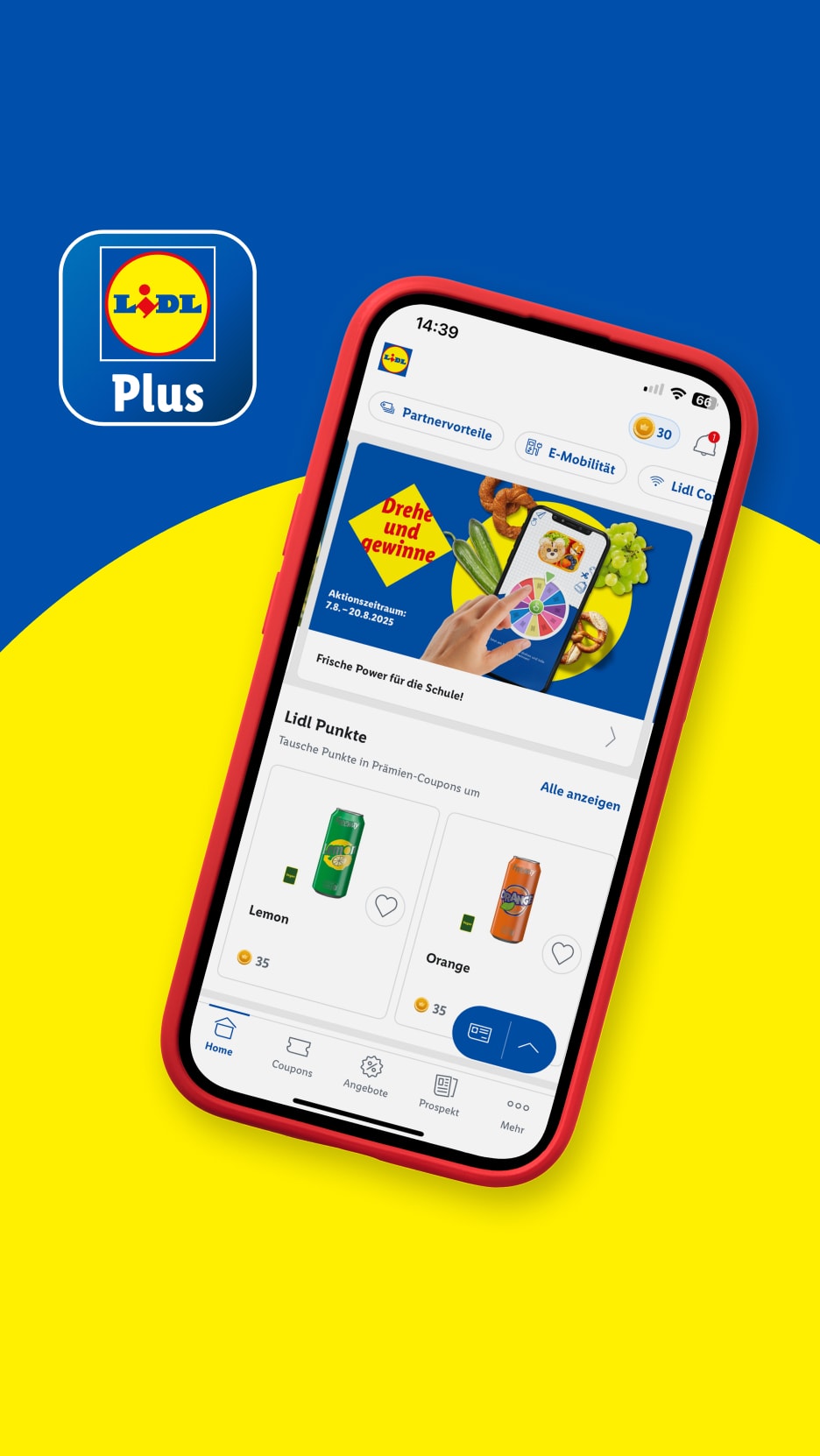 Ein Smartphone zeigt die Lidl Plus App mit Angeboten und Treuepunkten.