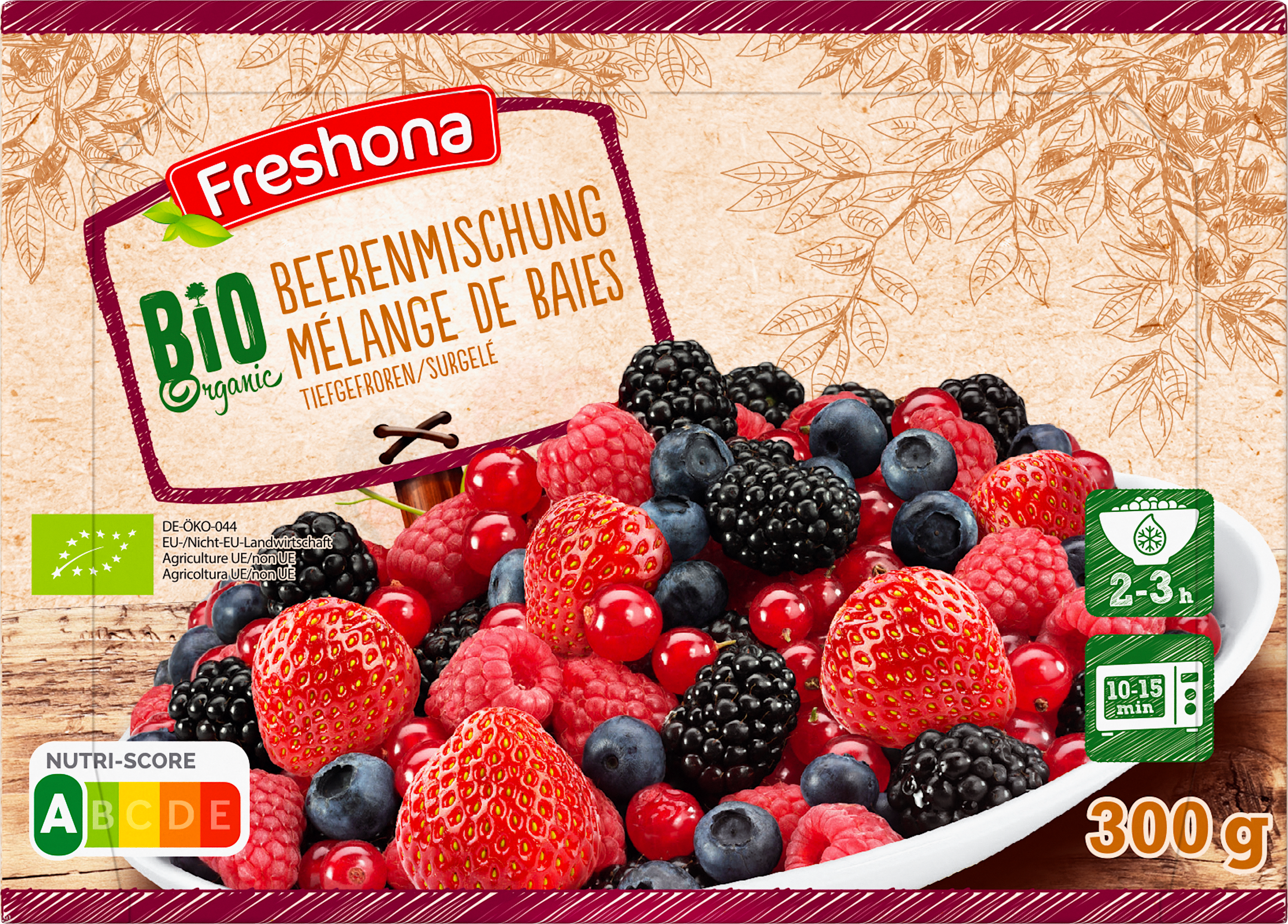 Bio-Beerenmischung tiefgefroren mit Nutri-Score A, 300g.