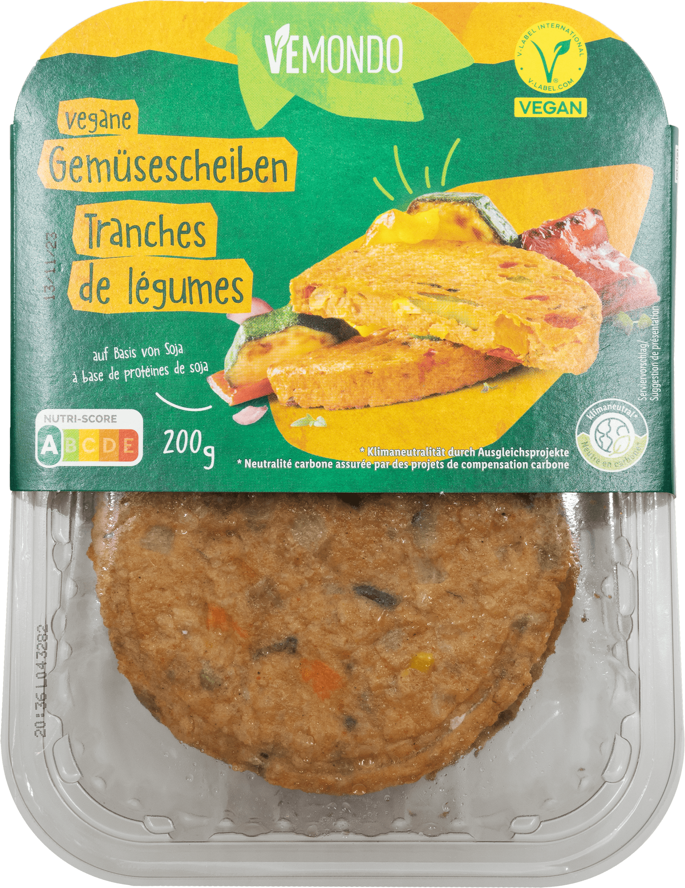 Vegane Gemüsescheiben auf Sojabasis, mit Nutri-Score A und Vegan-Label.
