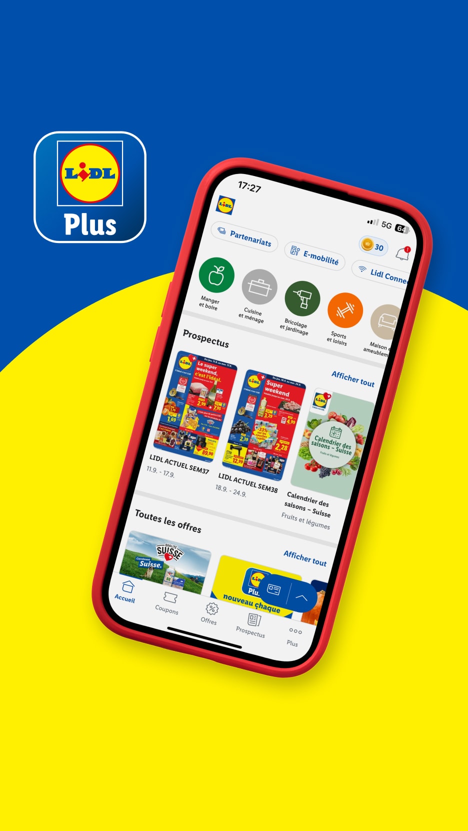 Lidl Plus Mobile App mit Prospekten, Angeboten und Produktkategorien.