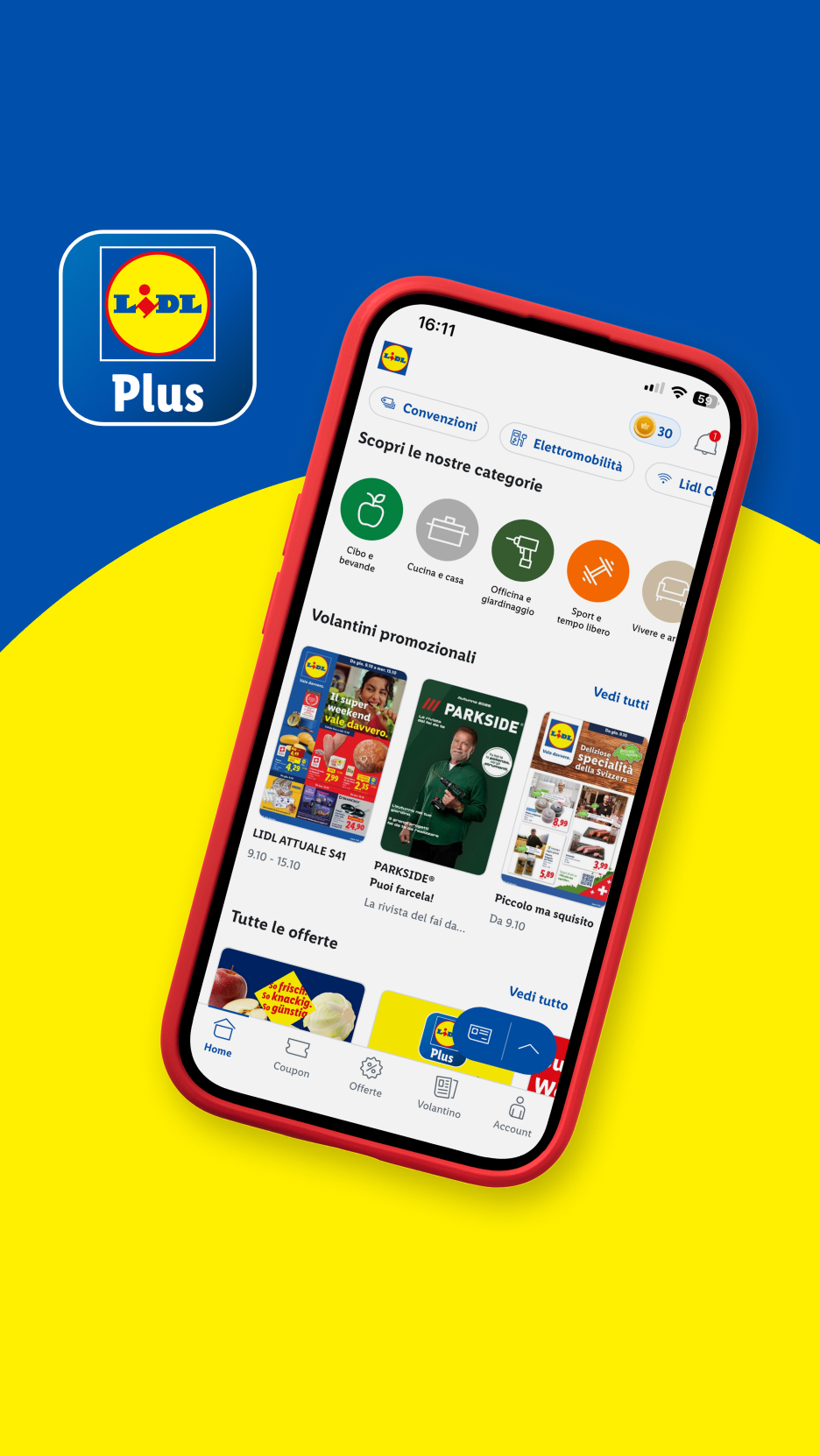 Lidl Plus App mit Werbeangeboten, Produktkategorien und Prospekten.