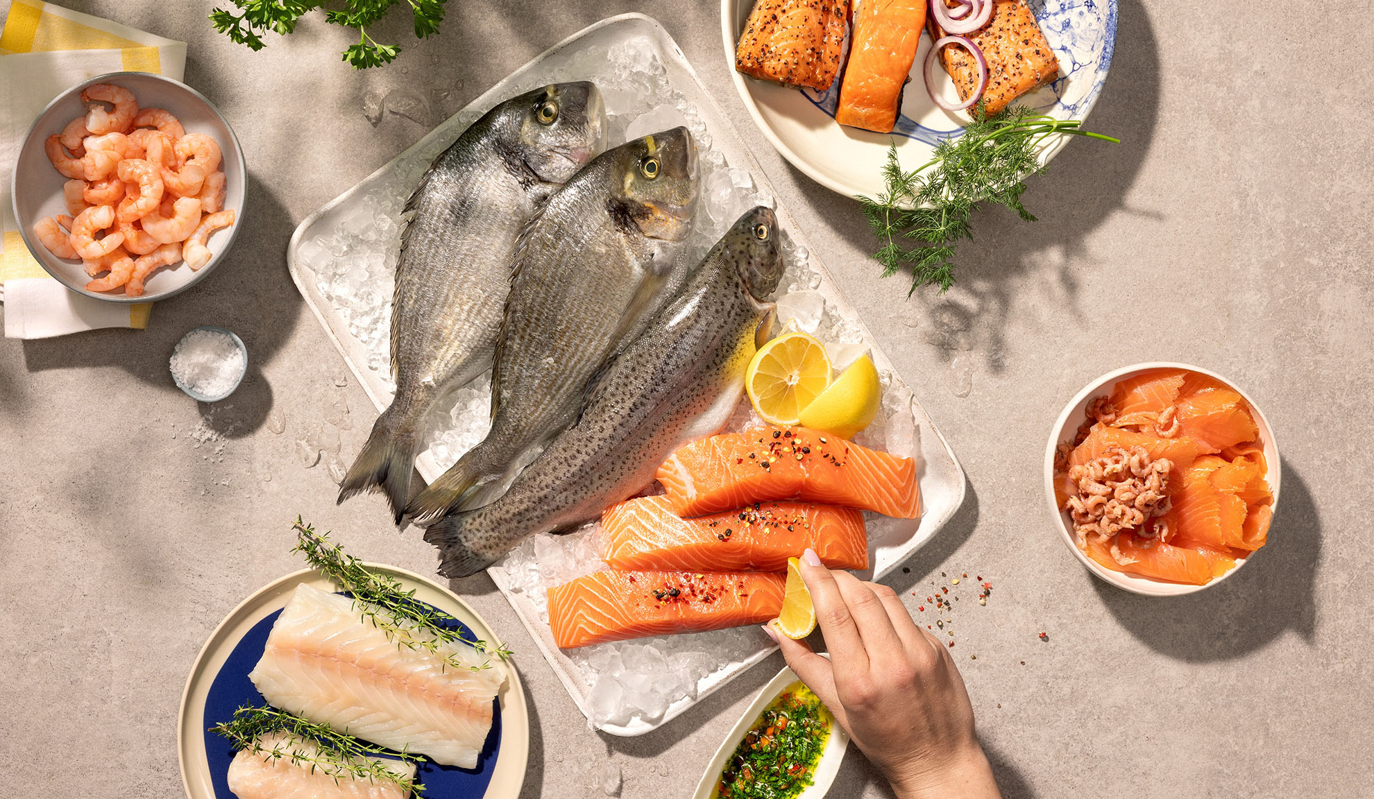 Verschiedene frische Meeresfrüchte, darunter Fisch, Lachs und Garnelen, bereit zum Kochen.