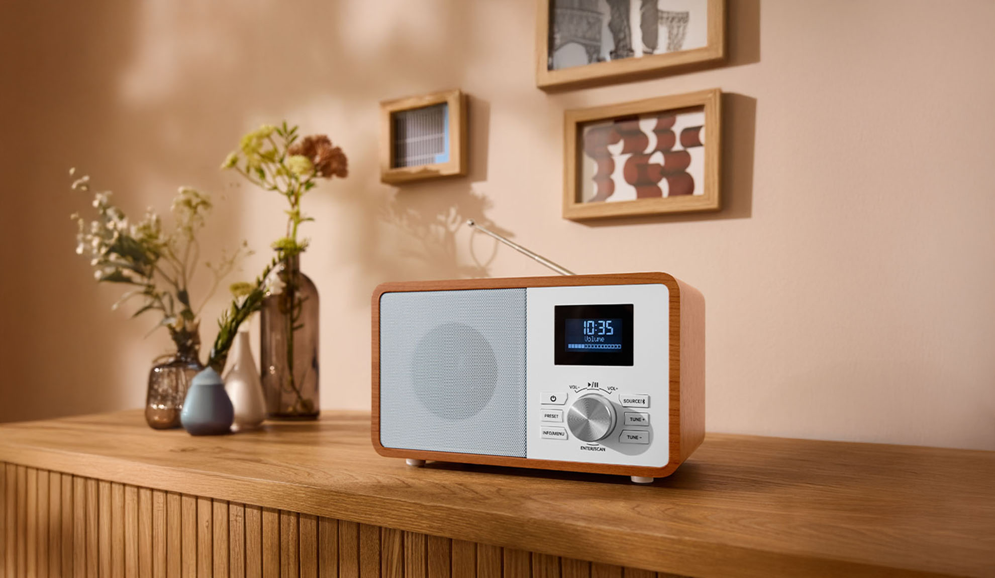 Una radio digitale in legno su una cassettiera, con vasi e cornici sullo sfondo.