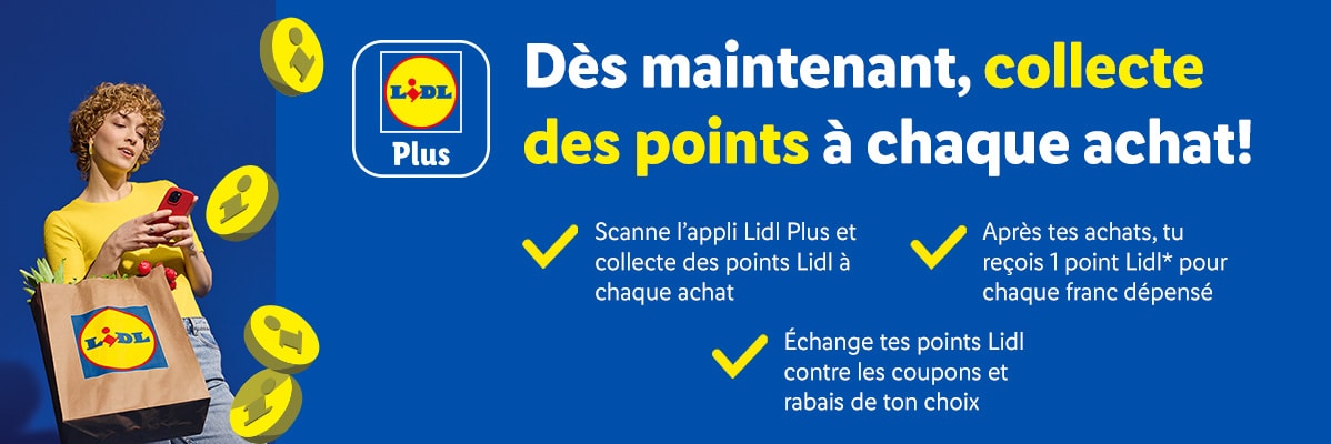 Femme utilisant l'application Lidl Plus pour collecter des points à chaque achat et obtenir des réductions.