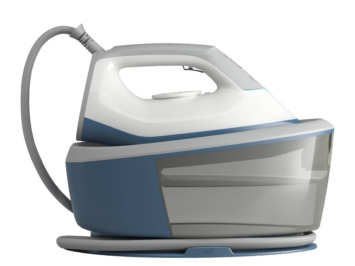 Centrale vapeur blanche et bleue avec un grand réservoir d'eau