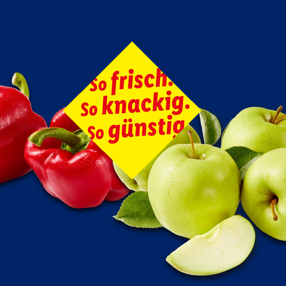 Rote Paprika und grüne Äpfel mit dem Text „so frisch, so knackig, so günstig“.