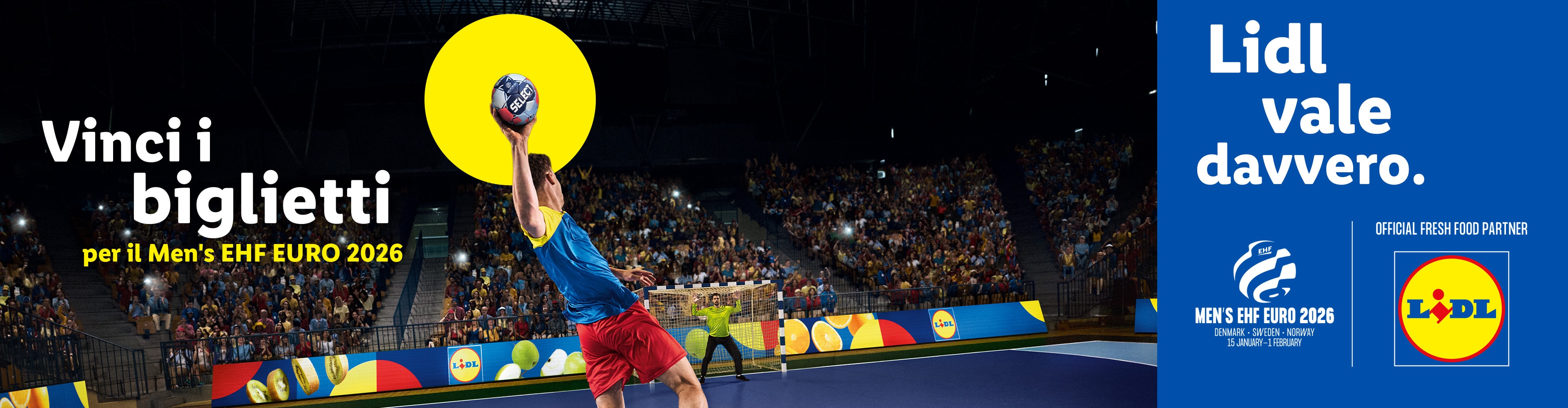 Pubblicità Lidl per vincere biglietti per il Campionato Europeo maschile di pallamano 2026.