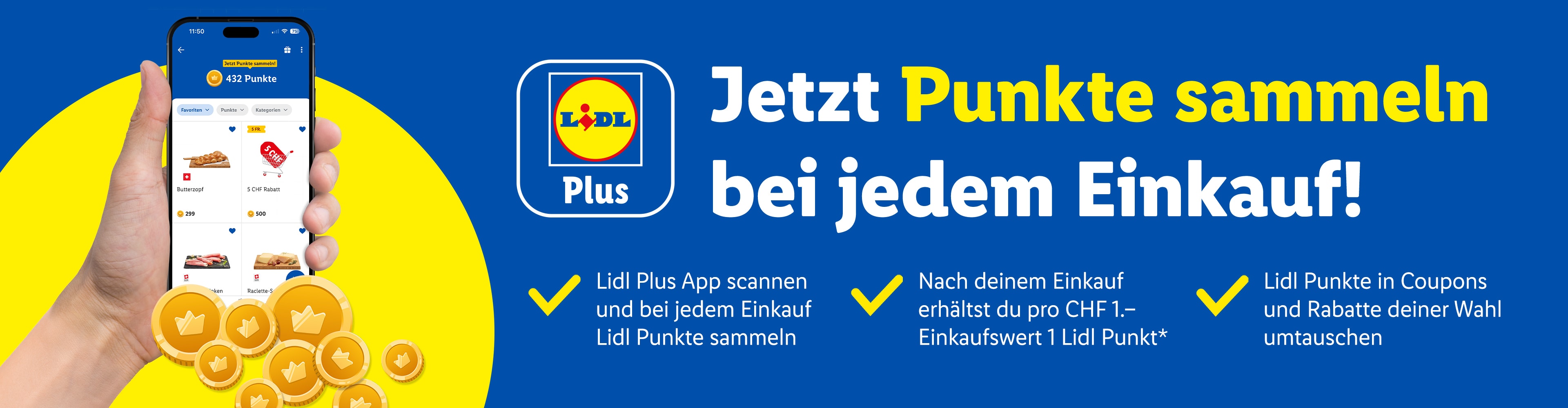 Lidl Plus App zeigt Punktestand und Vorteile, mit Goldmünzen als Symbol für Punkte.