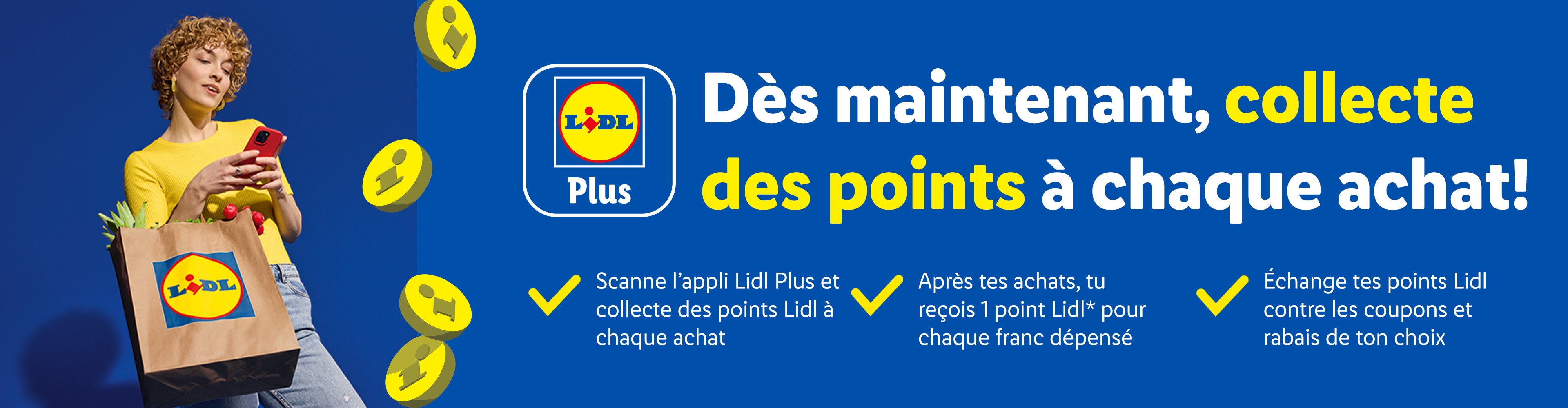 Femme utilisant l'application Lidl Plus pour collecter des points à chaque achat et obtenir des réductions.