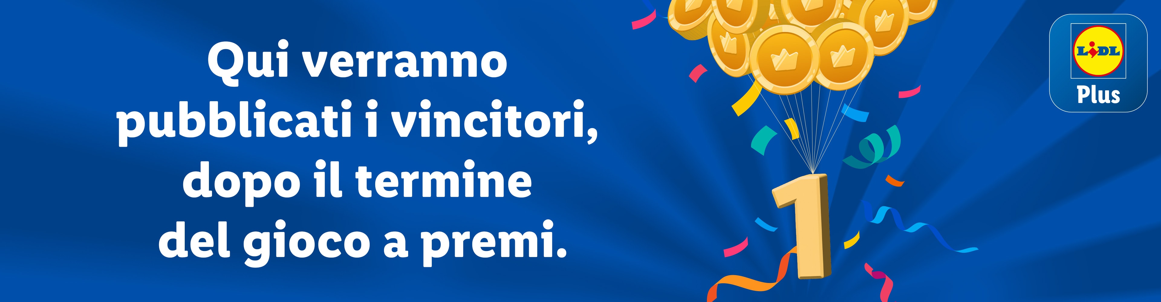 Annuncio dei vincitori del concorso Lidl Plus con monete d'oro e coriandoli.