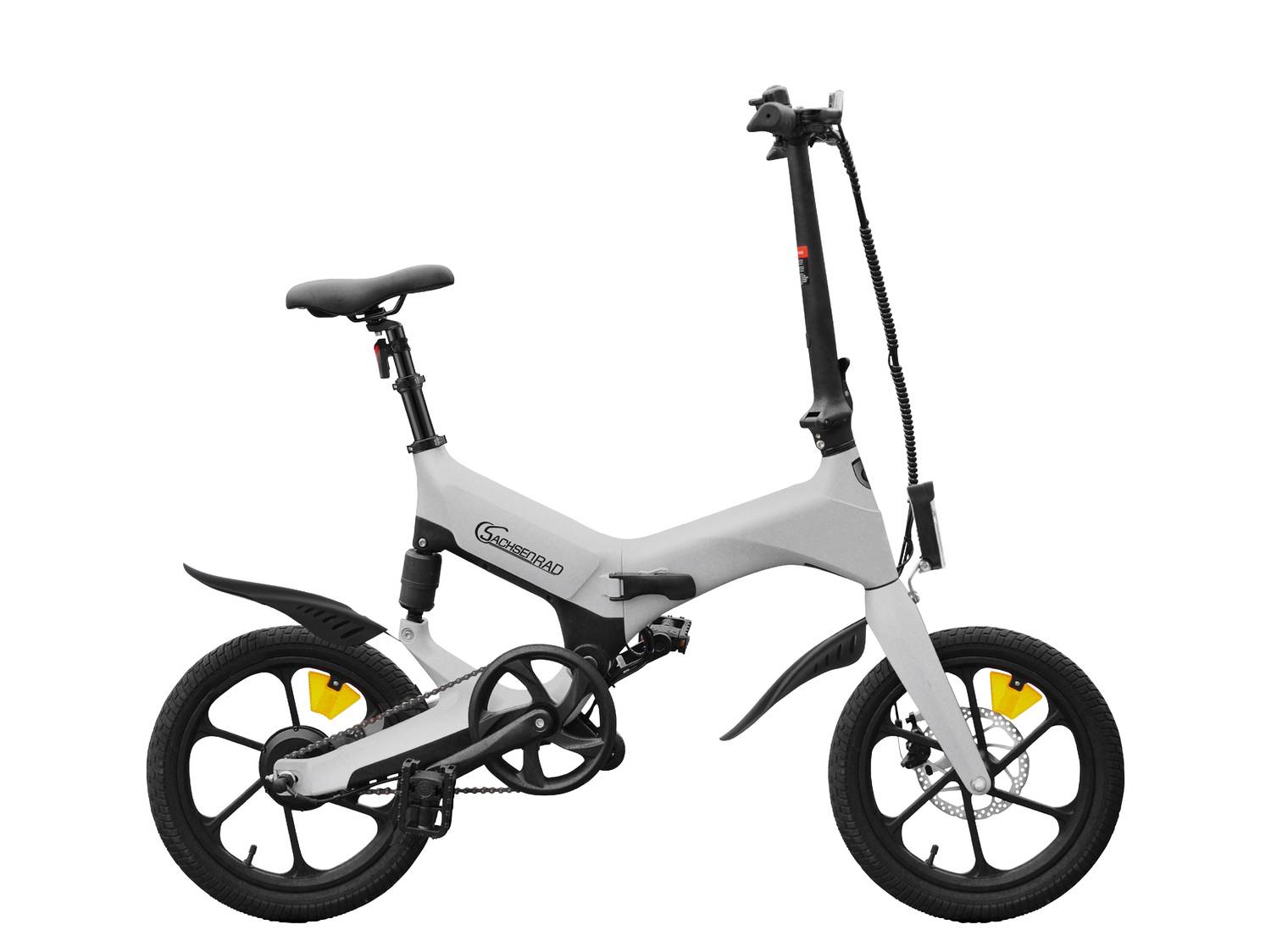 Bicicletta elettrica pieghevole grigia con logo sul telaio.