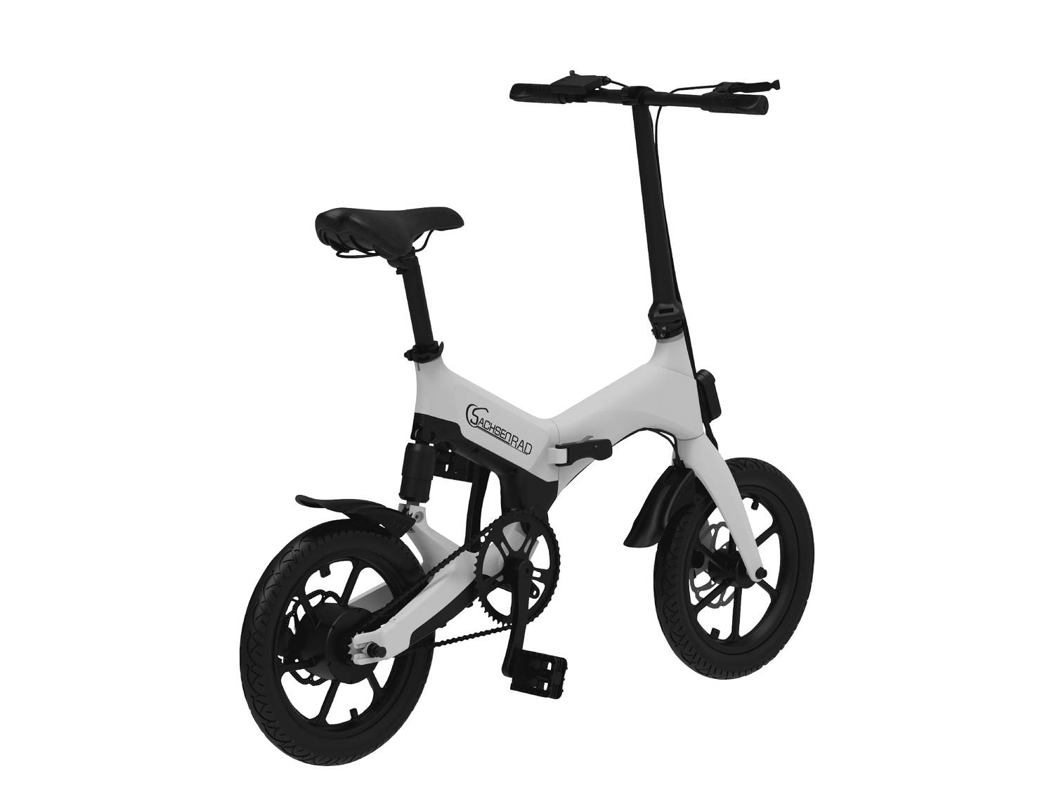 Bicicletta elettrica pieghevole bianca con accenti neri, vista laterale.