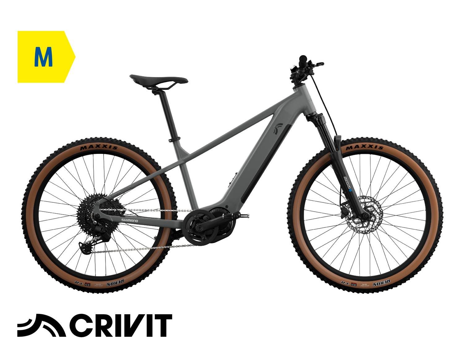 Mountain bike elettrica grigia con pneumatici marroni, taglia M.