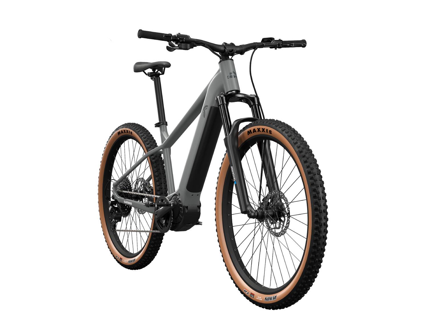 Mountain bike elettrica grigia con pneumatici marroni su sfondo bianco.