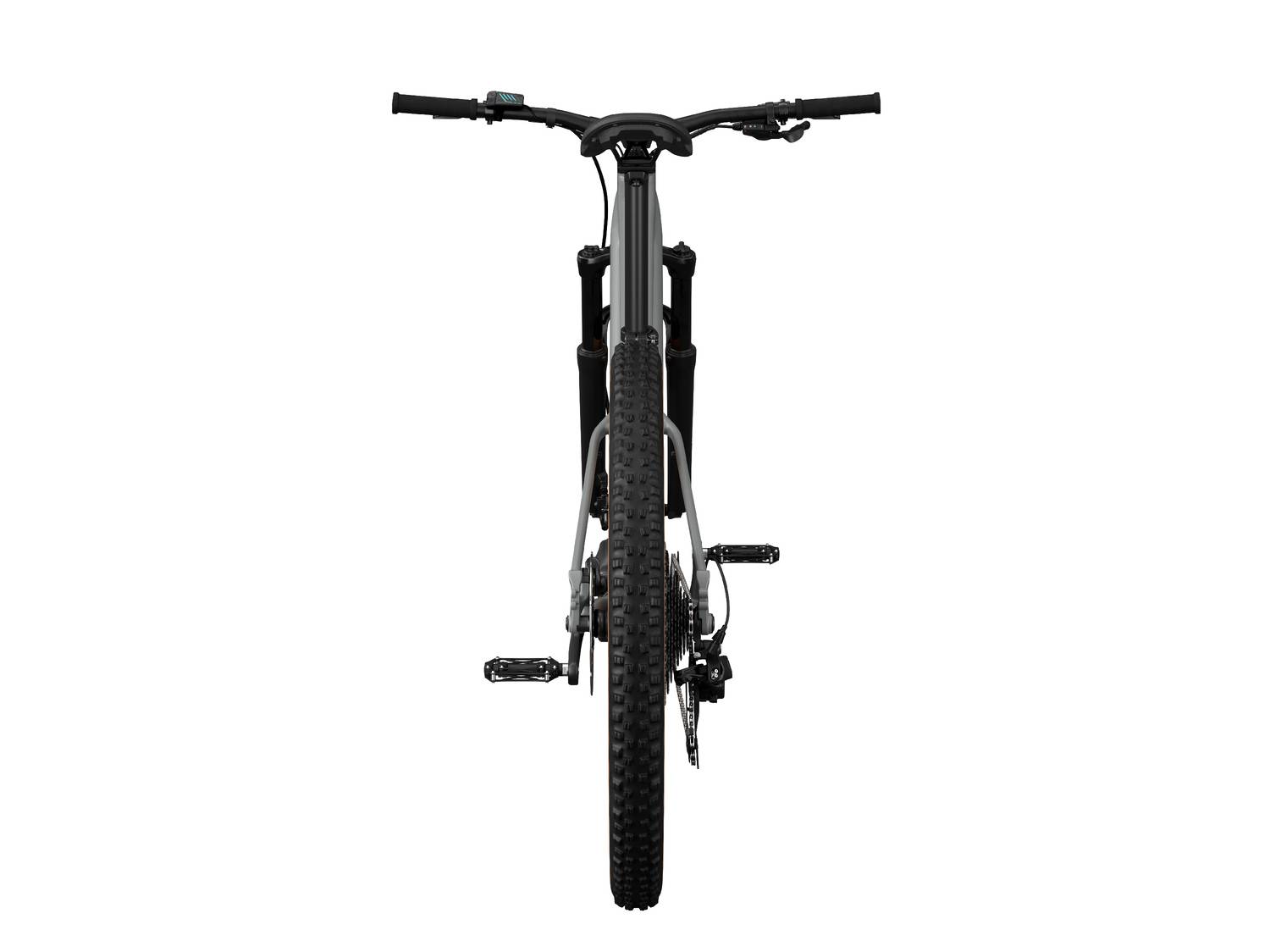 Mountain bike elettrica grigia con manubrio nero e pedali.