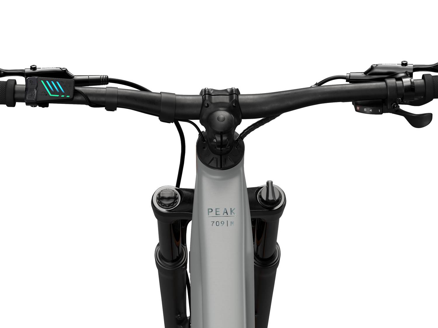 Vista dall'alto di una mountain bike grigia con manubrio nero e forcella anteriore, con la scritta 'PEAK 709|M'.