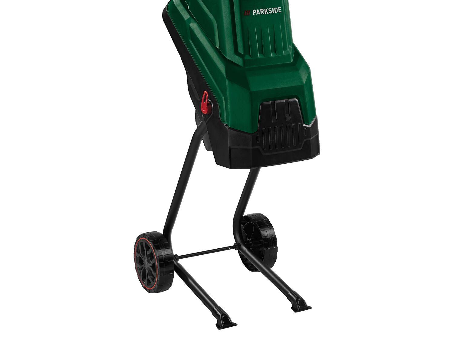 Grüner und schwarzer elektrischer Gartenhäcksler mit Rädern und Ständer.
