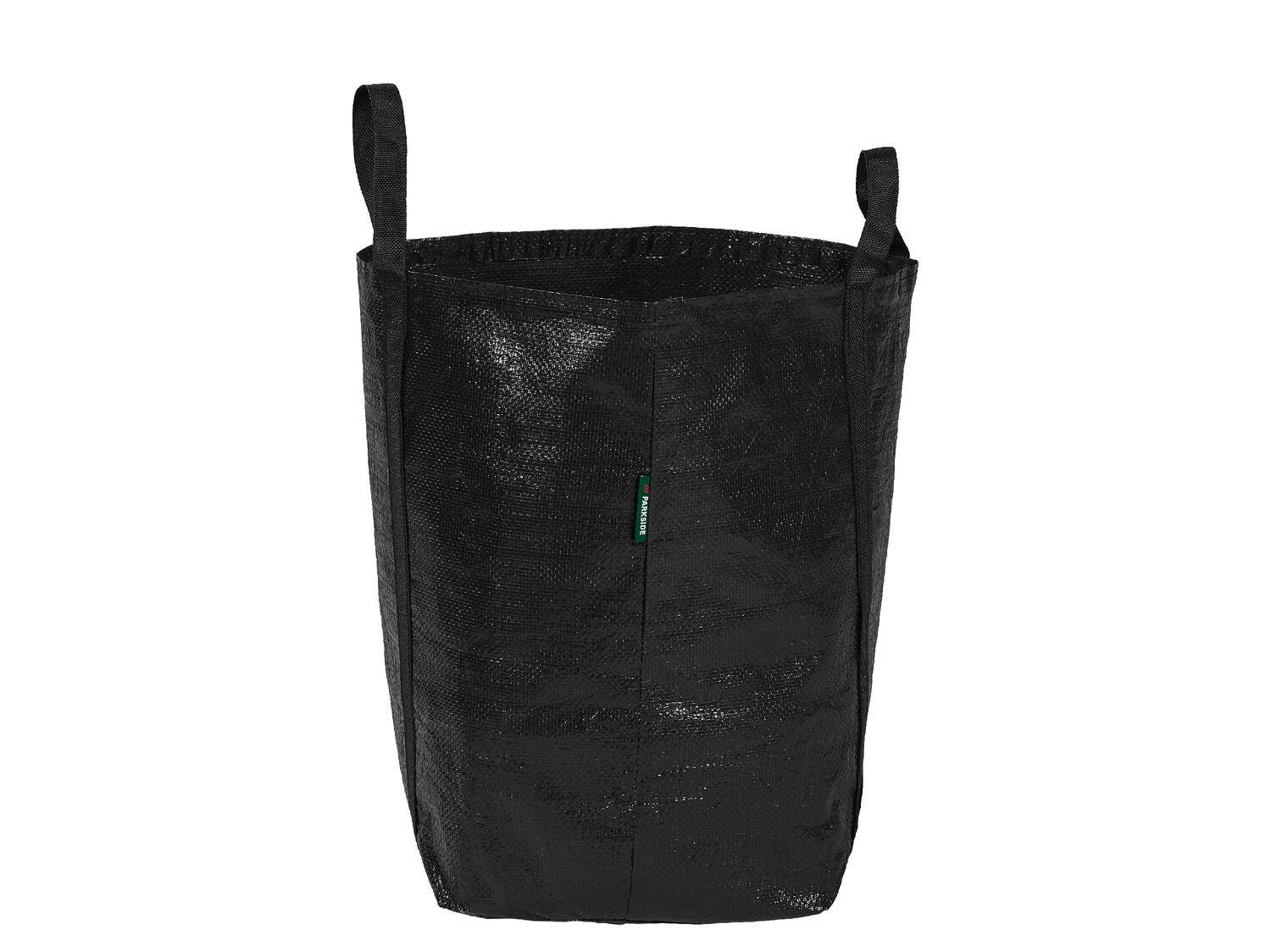 Eine schwarze Pflanztasche aus Stoff mit zwei Griffen und einem grünen „PARKSIDE“-Etikett.