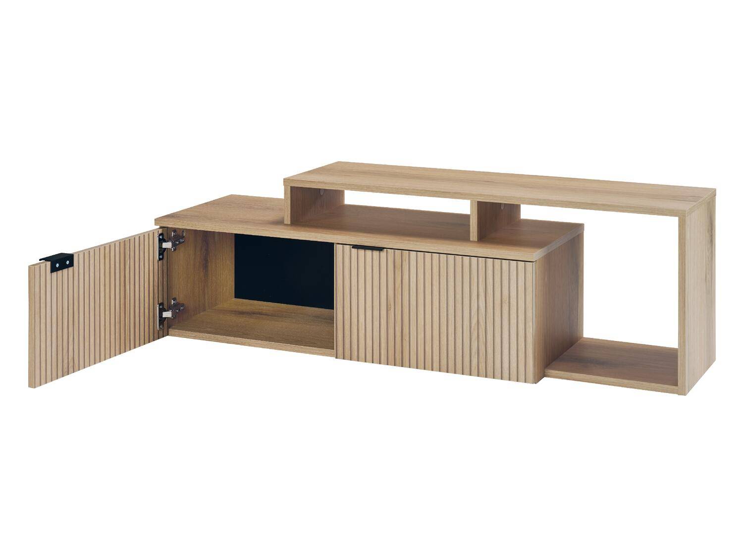 Helles Holz-TV-Möbel mit geriffelten Türen und offenen Regalen