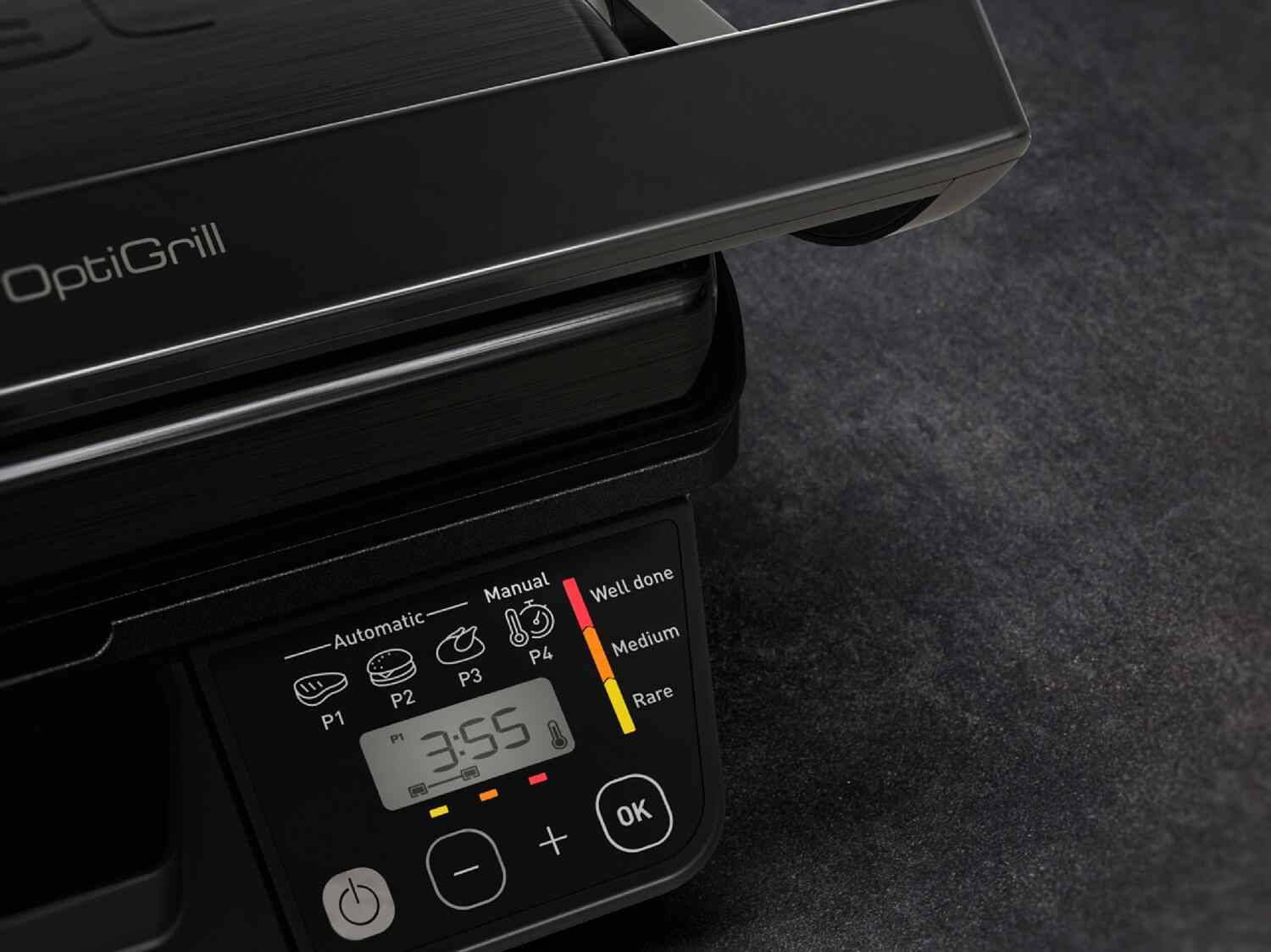 OptiGrill-Grill mit Digitalanzeige für Zeit und Kocheinstellungen.