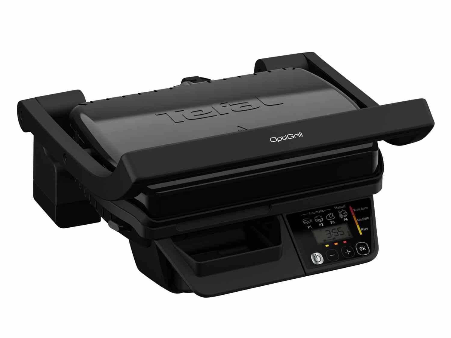 Schwarzer Tefal OptiGrill Elektrogrill mit Digitalanzeige und Bedienelementen.