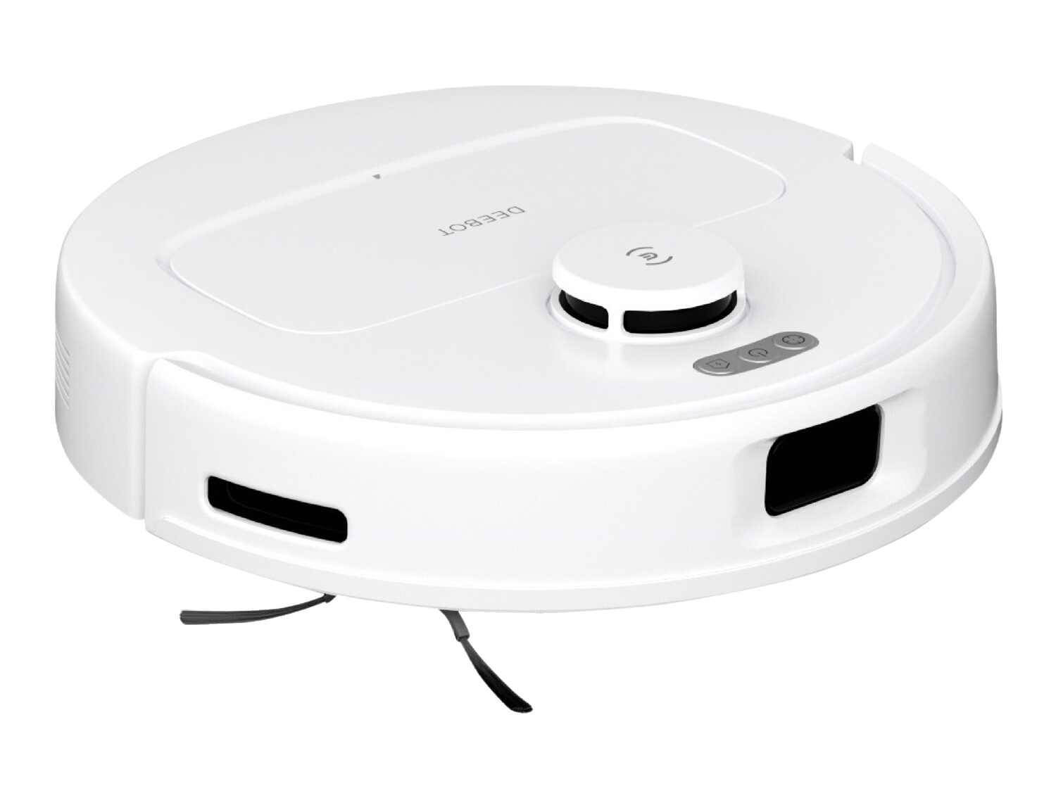 Weißer DEEBOT Saugroboter mit Seitenbürsten und Sensoren.