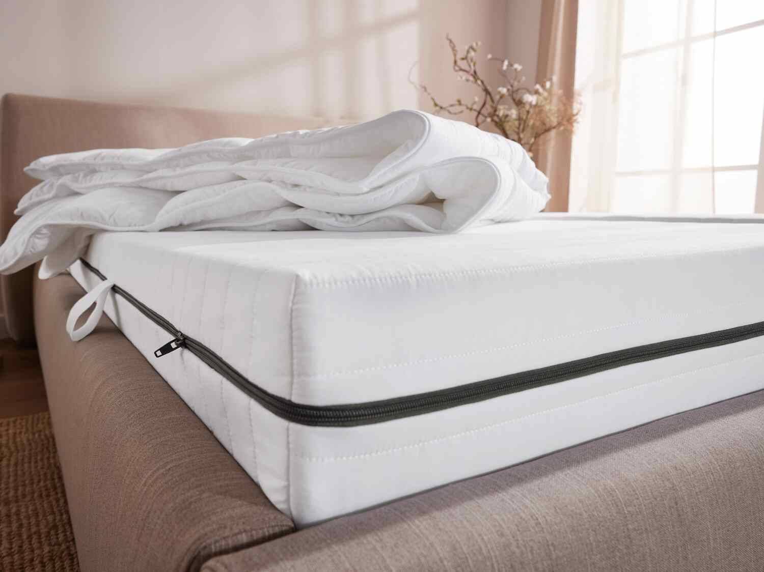 Weiße Matratze mit Reißverschluss und gefalteter Bettdecke auf einem Bett.