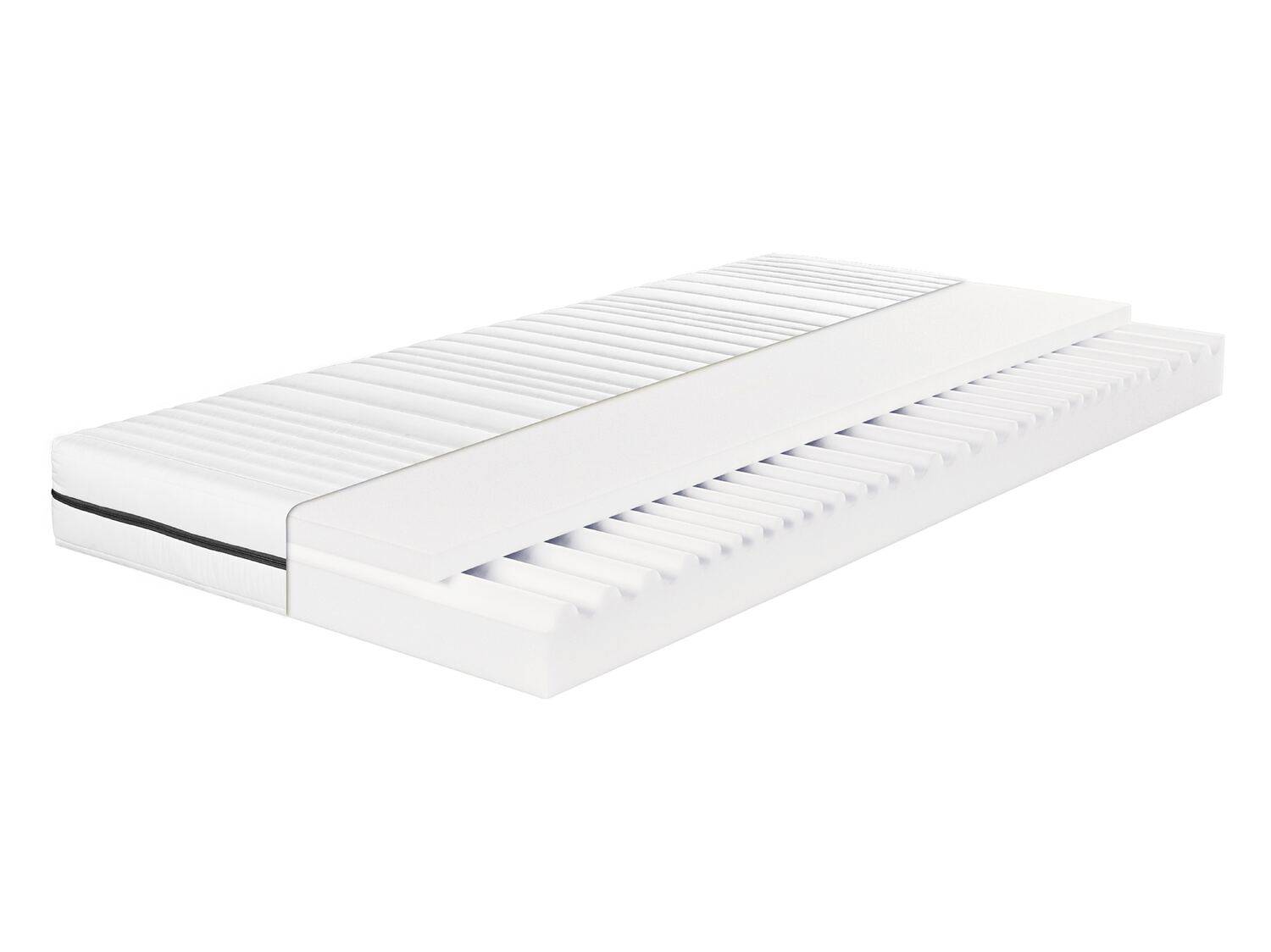 Weiße Matratze mit Querschnitt, der die verschiedenen Schichten und die innere Struktur zeigt.