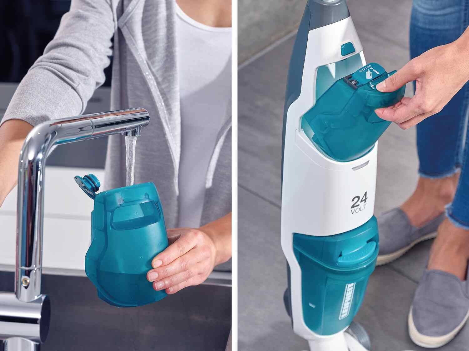 Eine Person füllt und setzt den Wassertank eines Leifheit 24 Volt Akku-Bodenreinigers ein.