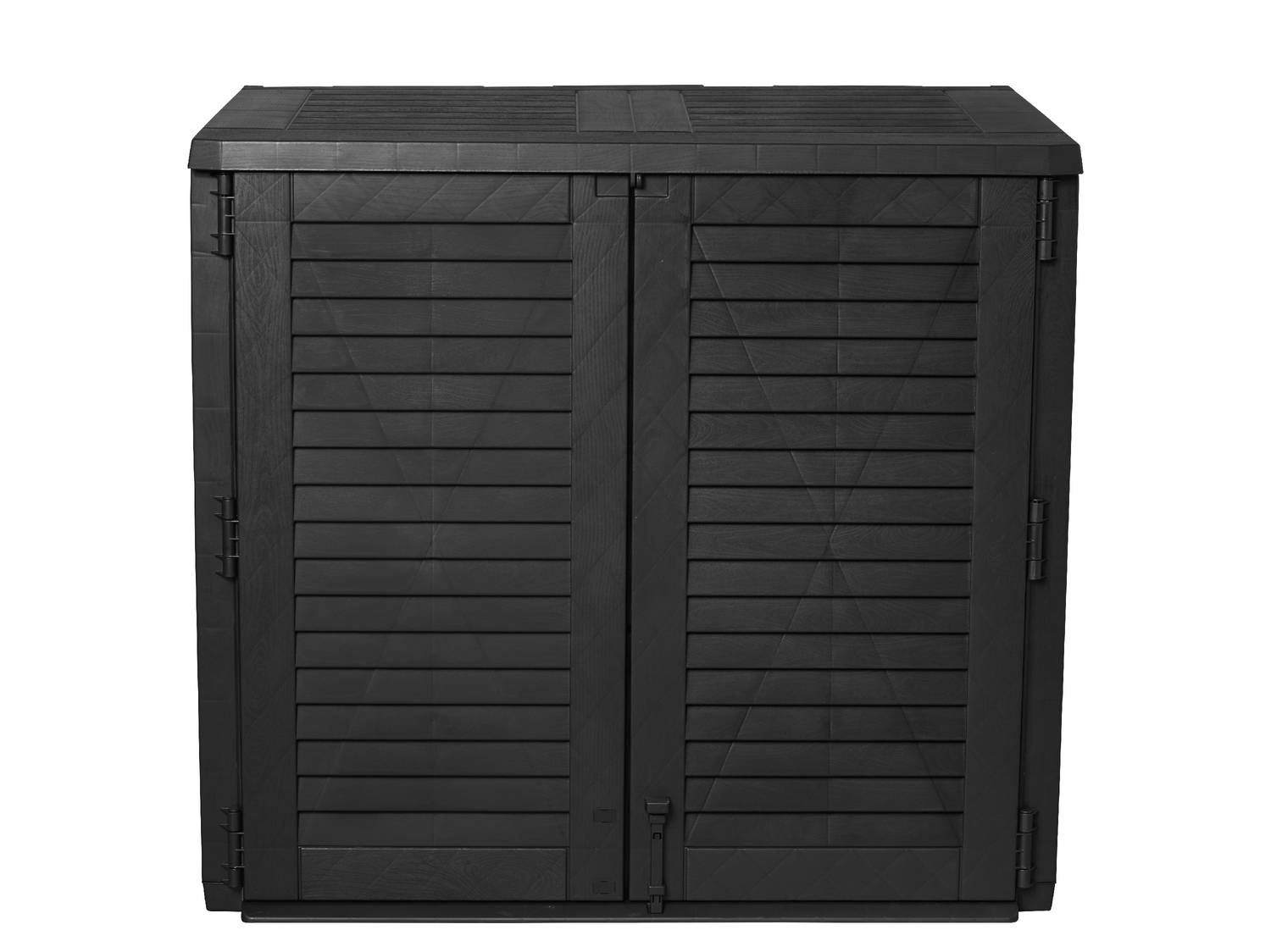 Armadio da esterno nero con ante a persiana e cerniere a vista.