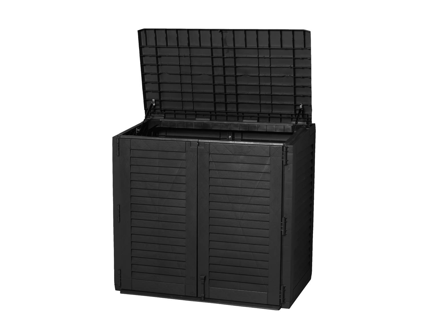 Armadio da esterno nero con coperchio e ante a persiana aperti.