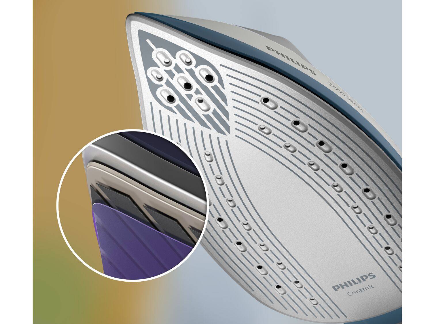 Philips Bügeleisensohle mit Keramikbeschichtung und Einblick in die Technologie.