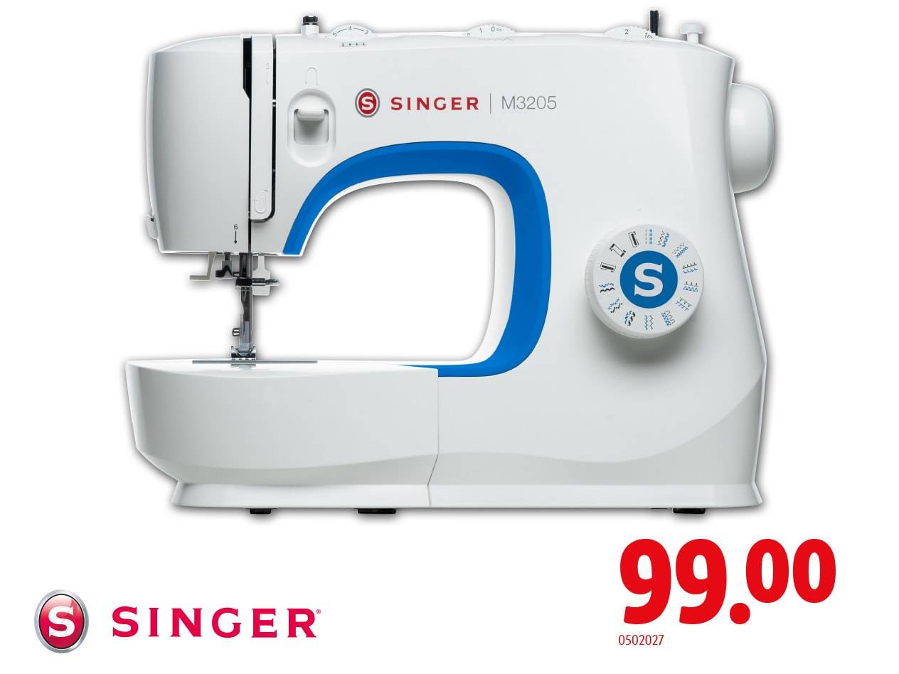 Machine à coudre blanche et bleue avec cadran de sélection de point, prix 99,00.