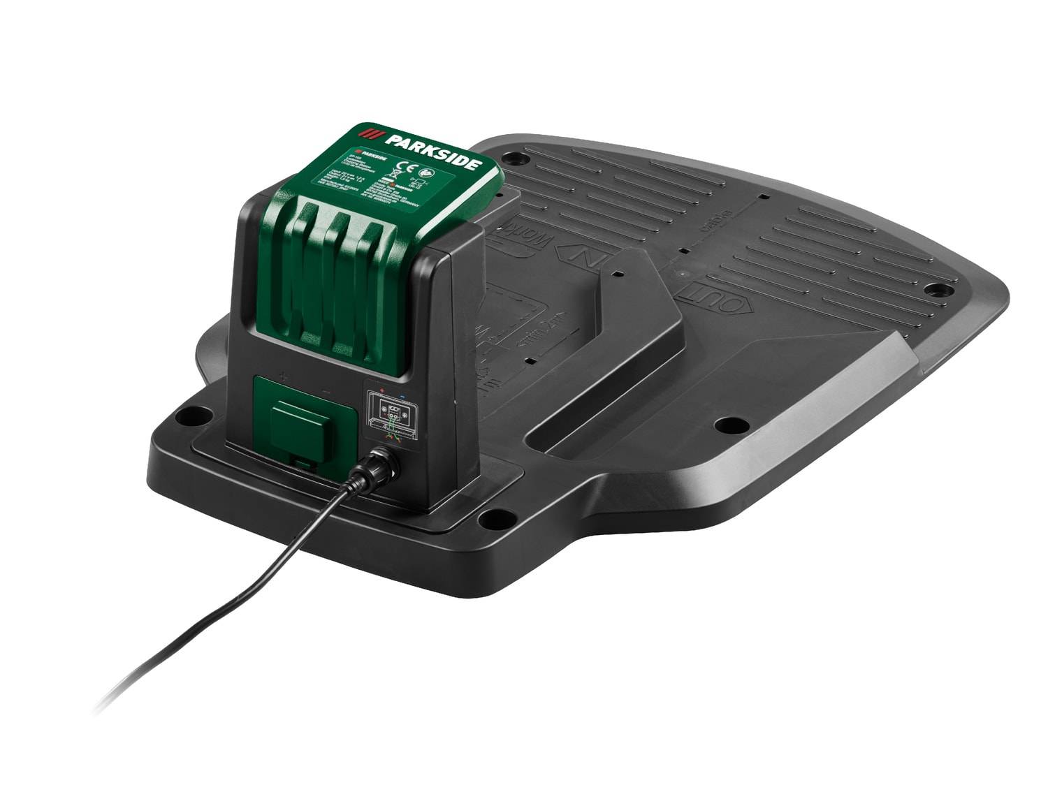 Station de charge noire pour robot tondeuse avec adaptateur secteur vert connecté.