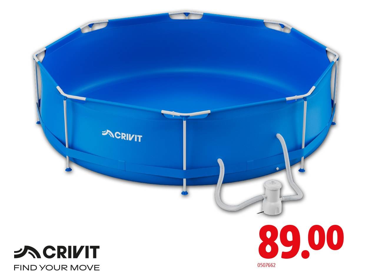Piscine hors sol bleue avec pompe de filtration et un prix de 89,00.