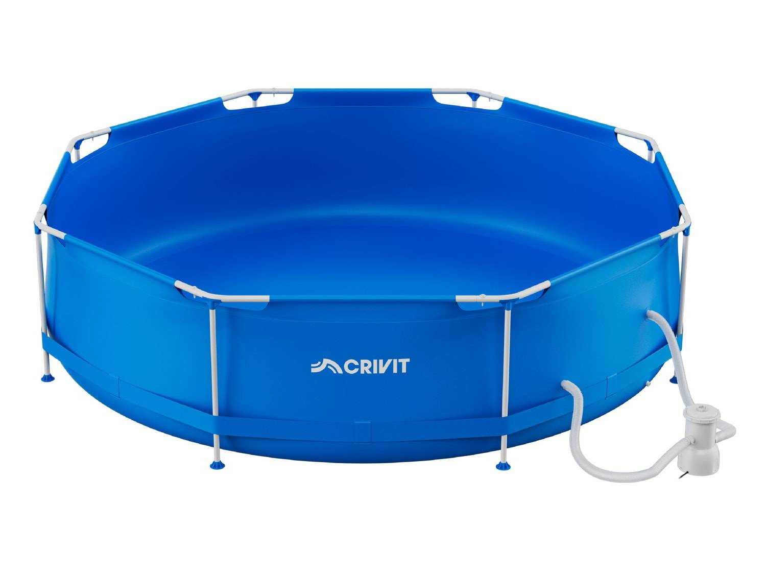 Piscine hors sol octogonale bleue avec cadre blanc et pompe de filtration