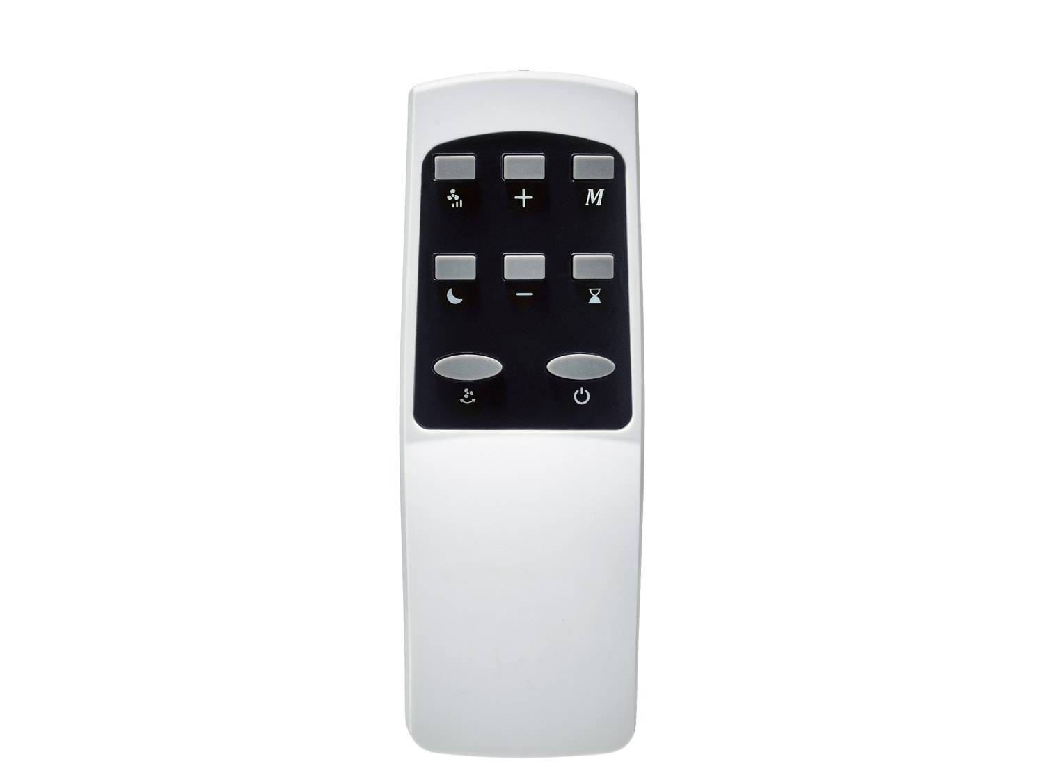Télécommande blanche avec des boutons noirs pour ventilateur, minuterie et mode.
