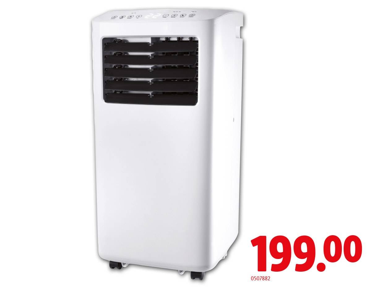 Un climatiseur mobile blanc affichant un prix de 199,00.