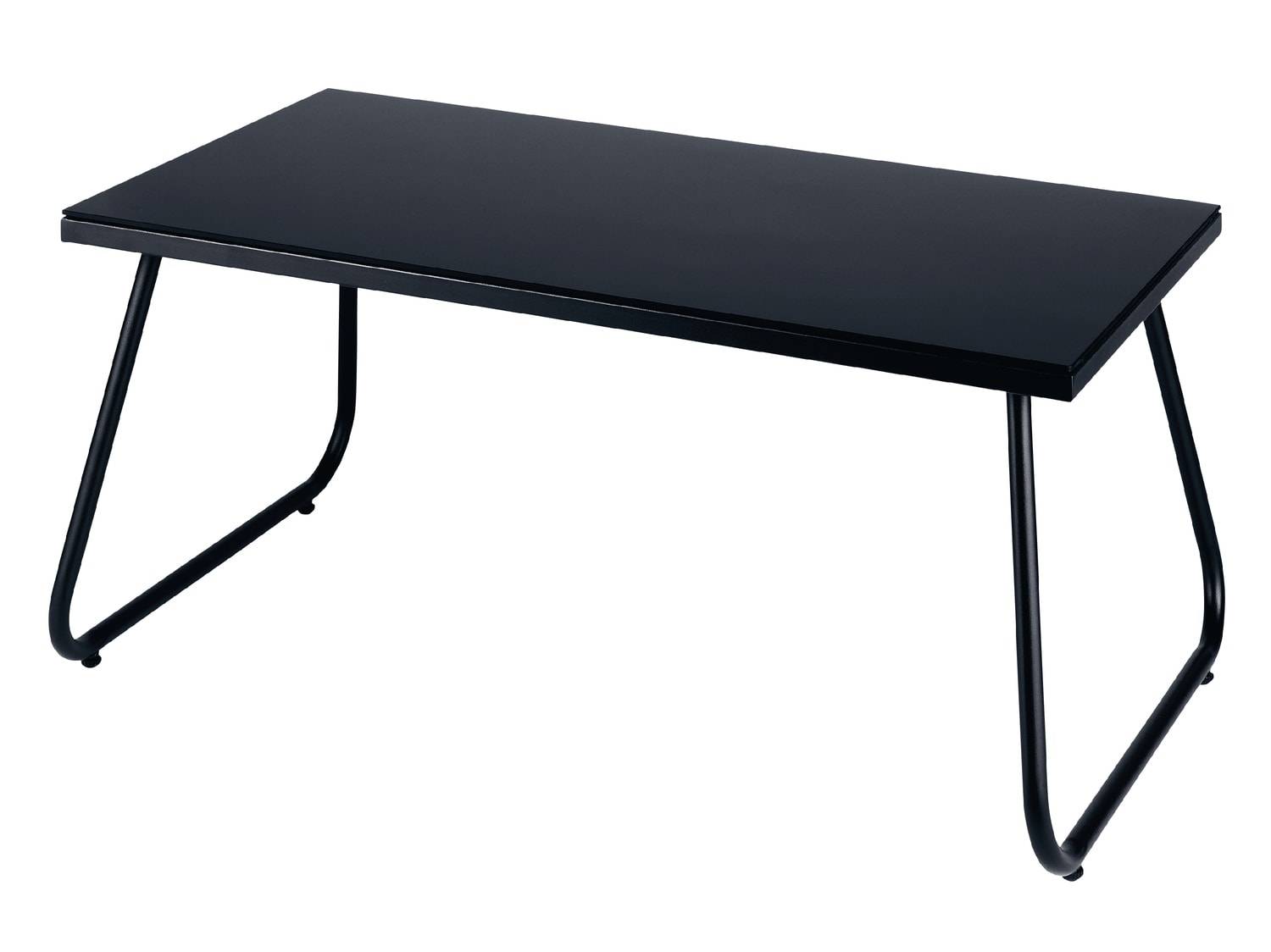 Table basse rectangulaire noire avec plateau en verre et pieds en métal courbé.