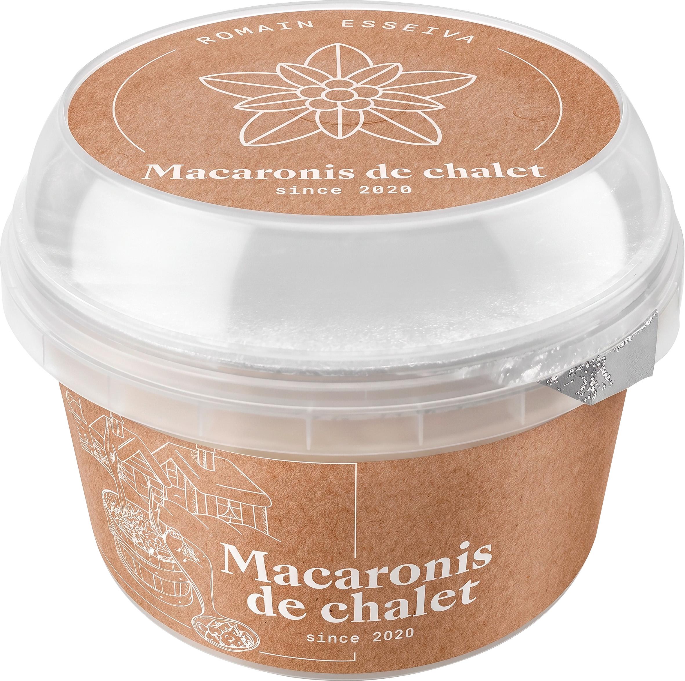 Becher mit Älplermagronen, verziert mit einer Chalet-Zeichnung und Edelweiss-Logo.