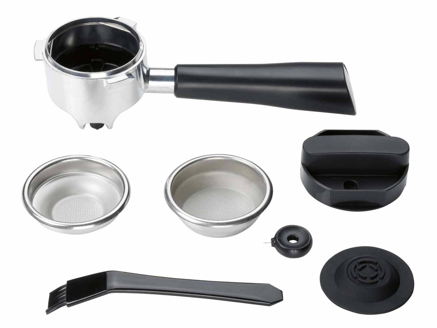 Espressomaschinen-Zubehör: Siebträger, Filter, Reinigungsbürste und weitere Teile.