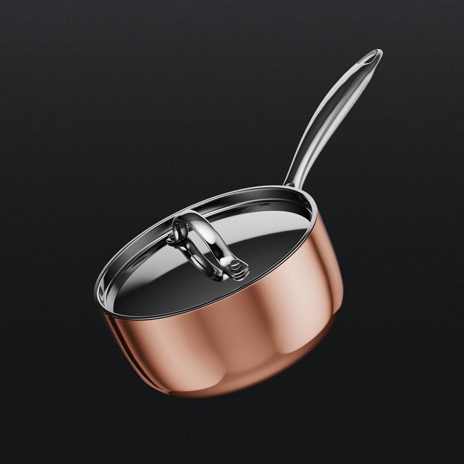Kupferfarbener Topf mit Deckel und Metallgriff.
