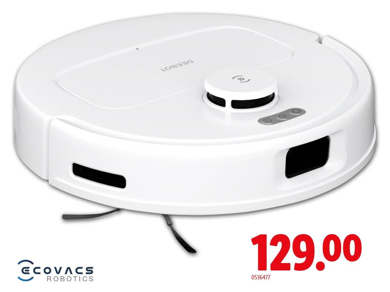 Robot aspirateur blanc avec un prix de 129.00.