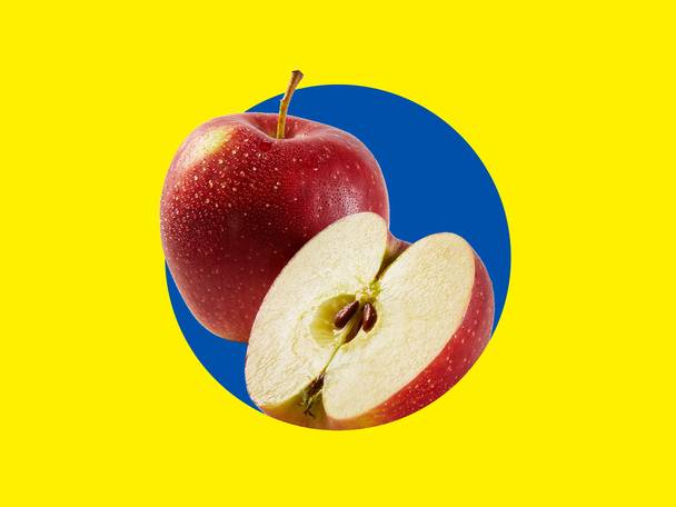 Ein ganzer roter Apfel und ein halber Apfel auf gelbem Hintergrund mit blauem Kreis.