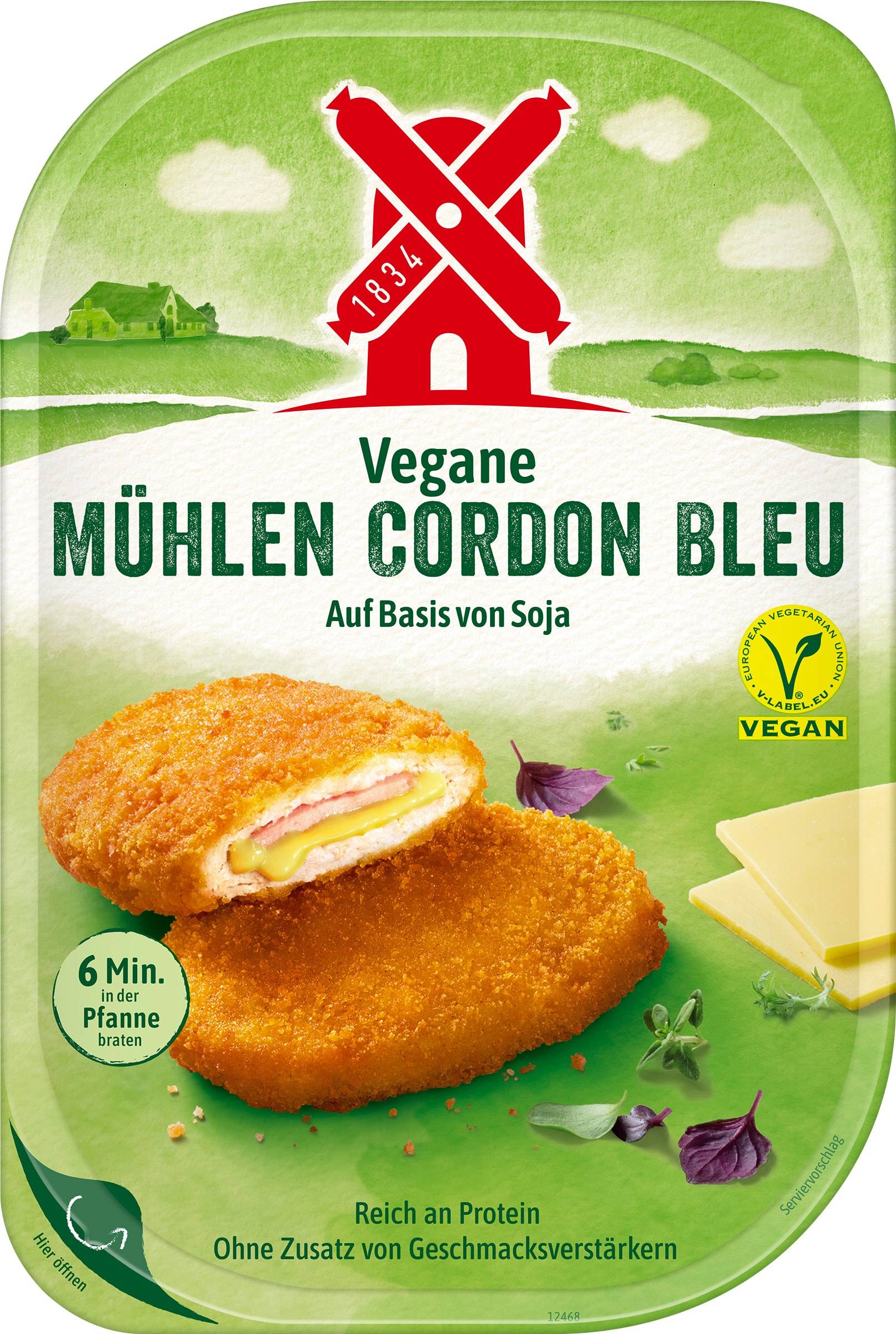 Veganes Mühlen Cordon Bleu auf Sojabasis, reich an Protein, ohne Geschmacksverstärker.