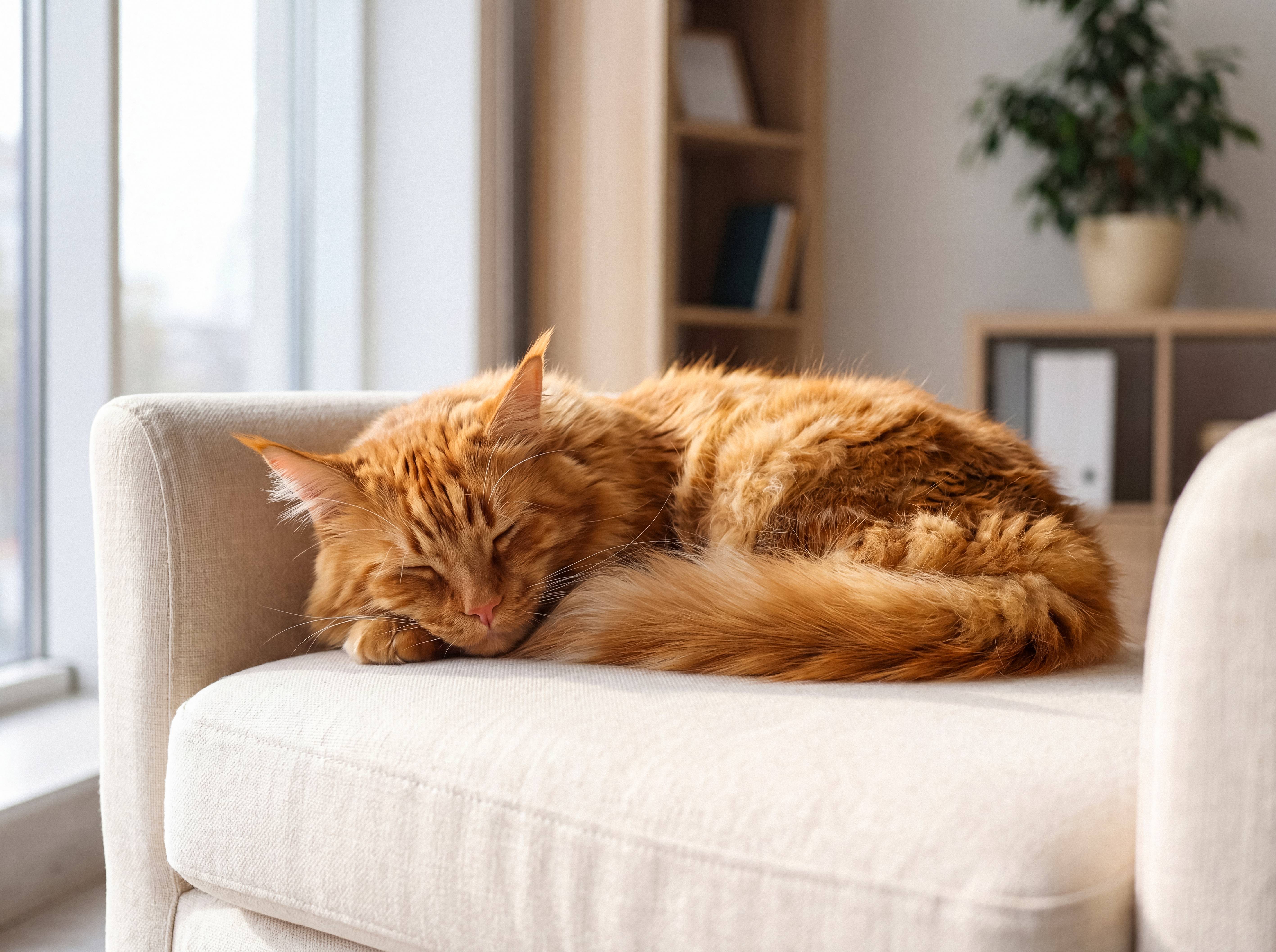 Chat roux dormant sur un canapé beige dans un salon.