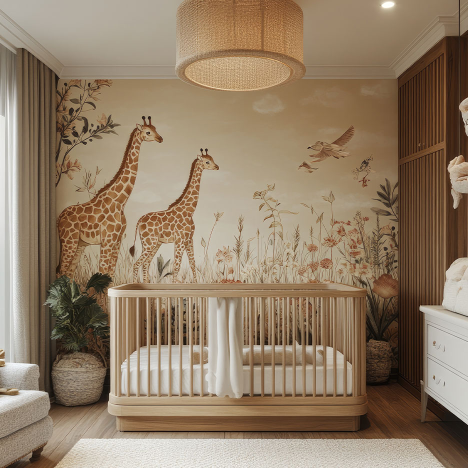 Babyzimmer mit Holzbett, Giraffentapete und Holzschränken.