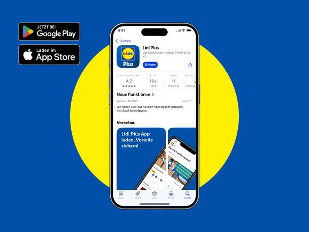 Werbung für die Lidl Plus App, verfügbar im Google Play Store und App Store.