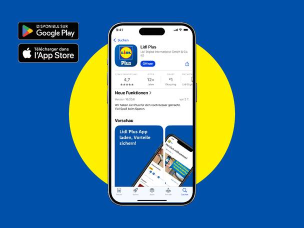 Application Lidl Plus sur smartphone, disponible sur Google Play et l'App Store.