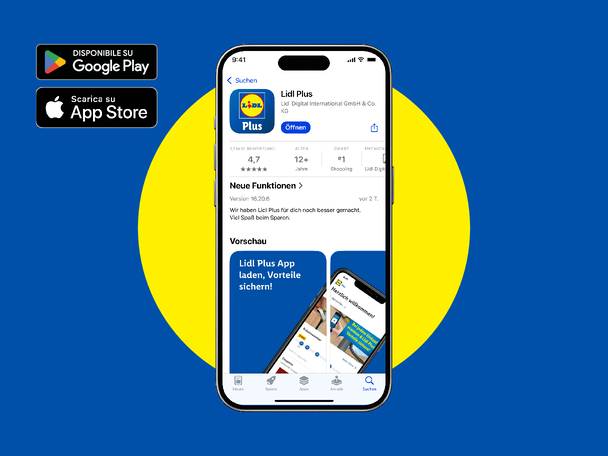 Schermata dell'app Lidl Plus su smartphone con opzioni di download da Google Play e App Store.